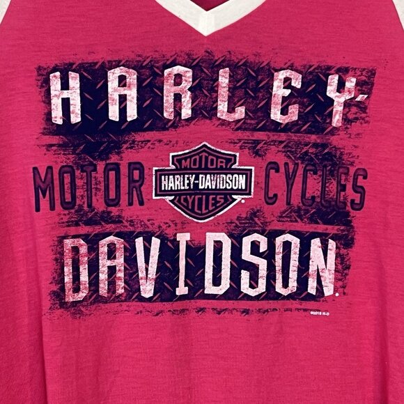 Harley Davidson Ringer T Shirt Women's Size Medium Freeport Bahamas Pink V Neck - Picture 3 of 8